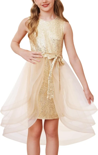 Girls Sequin Party Dress Sparkle Formal Birthday Pageant Prom Three-Layer Tulle Midi Dress Size 5-12Y Champagne Gold 7 Years