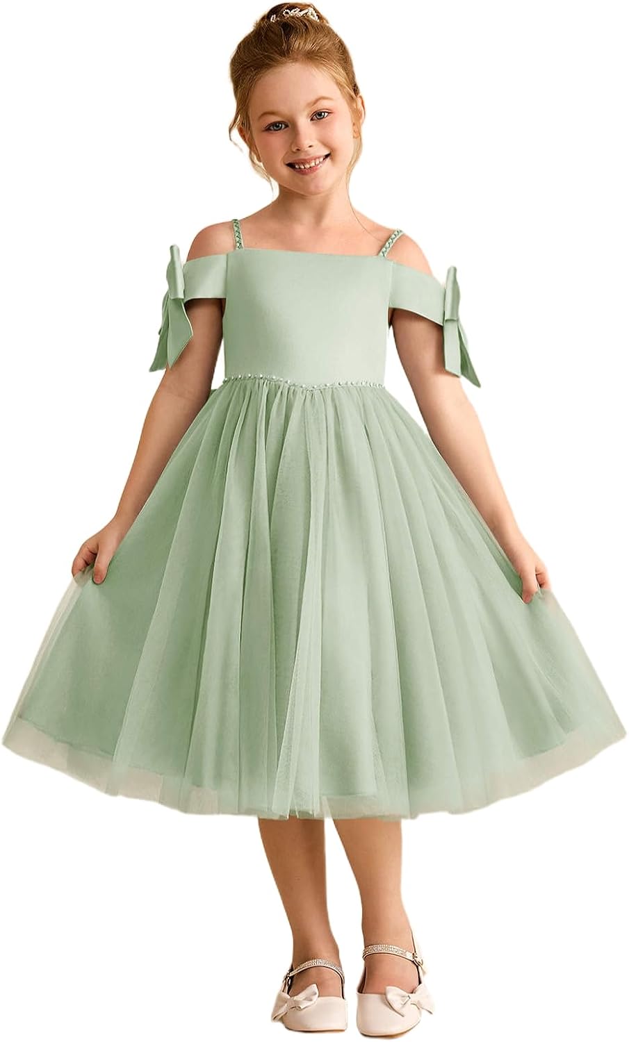 Flower Girl Dress Wedding Guest Beaded Tulle Satin Party Birthday Princess Pageant Gown Kids Tea Length 14 Dusty Sage