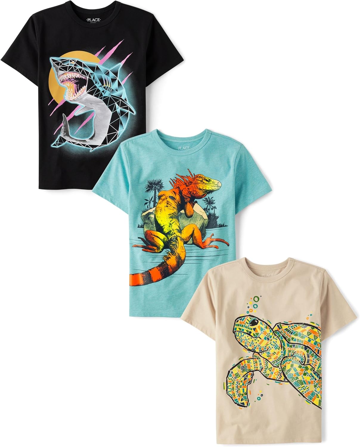 The Children's Place Boys' Gamer Short Sleeve Graphic T-Shirts,multipacks Large Shark/Iguana/Turtle