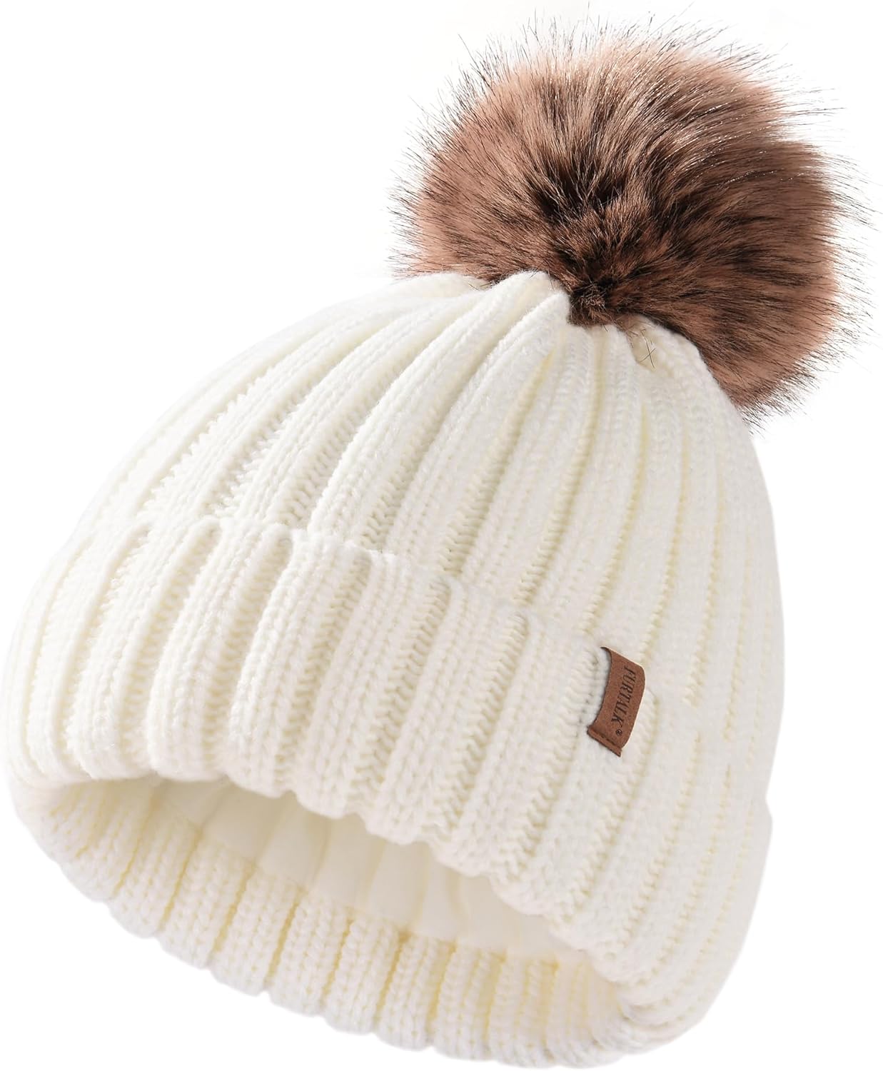 Kids Winter Hat Toddler Knitted Beanie with Faux Fur Pom Poms for Baby Girls Boys 3-24 Months White