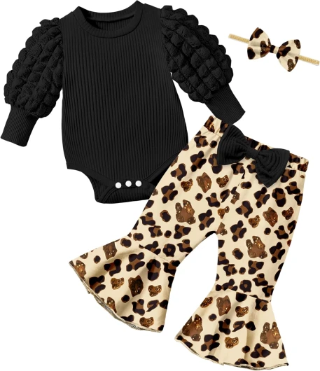 Baby Girl Clothes Long Sleeve Romper 3Pcs Baby Girl Outfits Flare Pants Set with Headband Fall Baby Girl Winter Clothes