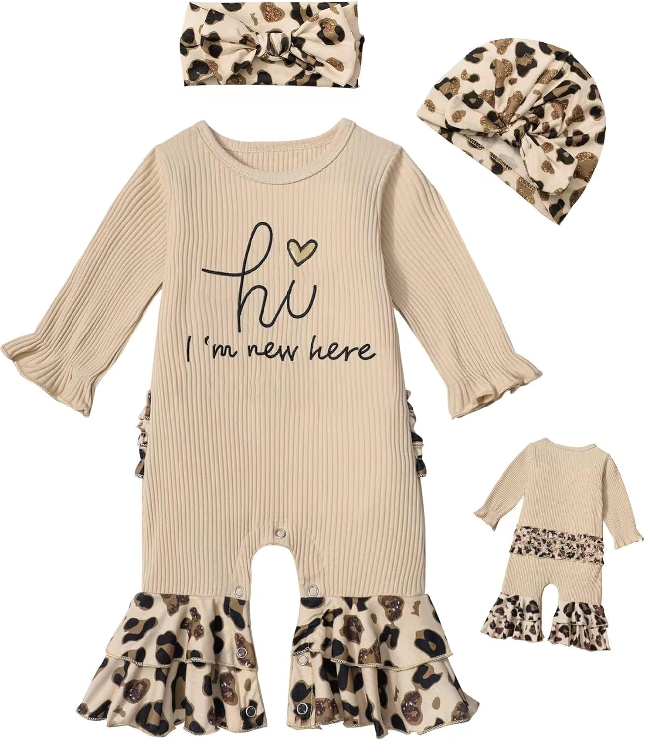 Newborn Girl Clothes Ruffle Letter Print Romper Infant Bell Bottom Jumpsuit Boho Baby Girl Clothes with Headband Hat