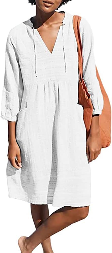 Lafural Womens V Neck Cotton Casual Loose Shift Tunic Smock Summer Dresses Vacation Dress 3/4 Sleeve Pocket Large White