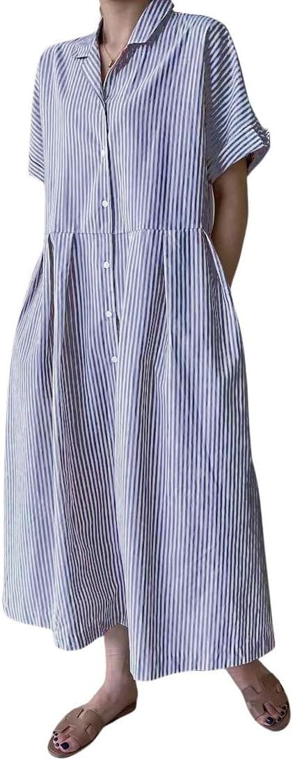 Women's Cotton Striped Shirt Dress Button Up Short Sleeve Midi Long Shift Dress with Pockets