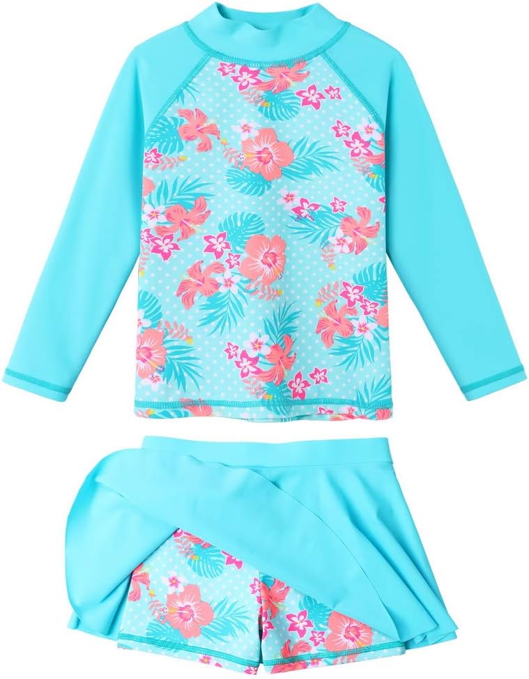 Girl's Two-Piece Long Sleeve Swimsuits UPF50+ Rash Guard Kids Bathing Suit 8-9 Years Cyan Flower