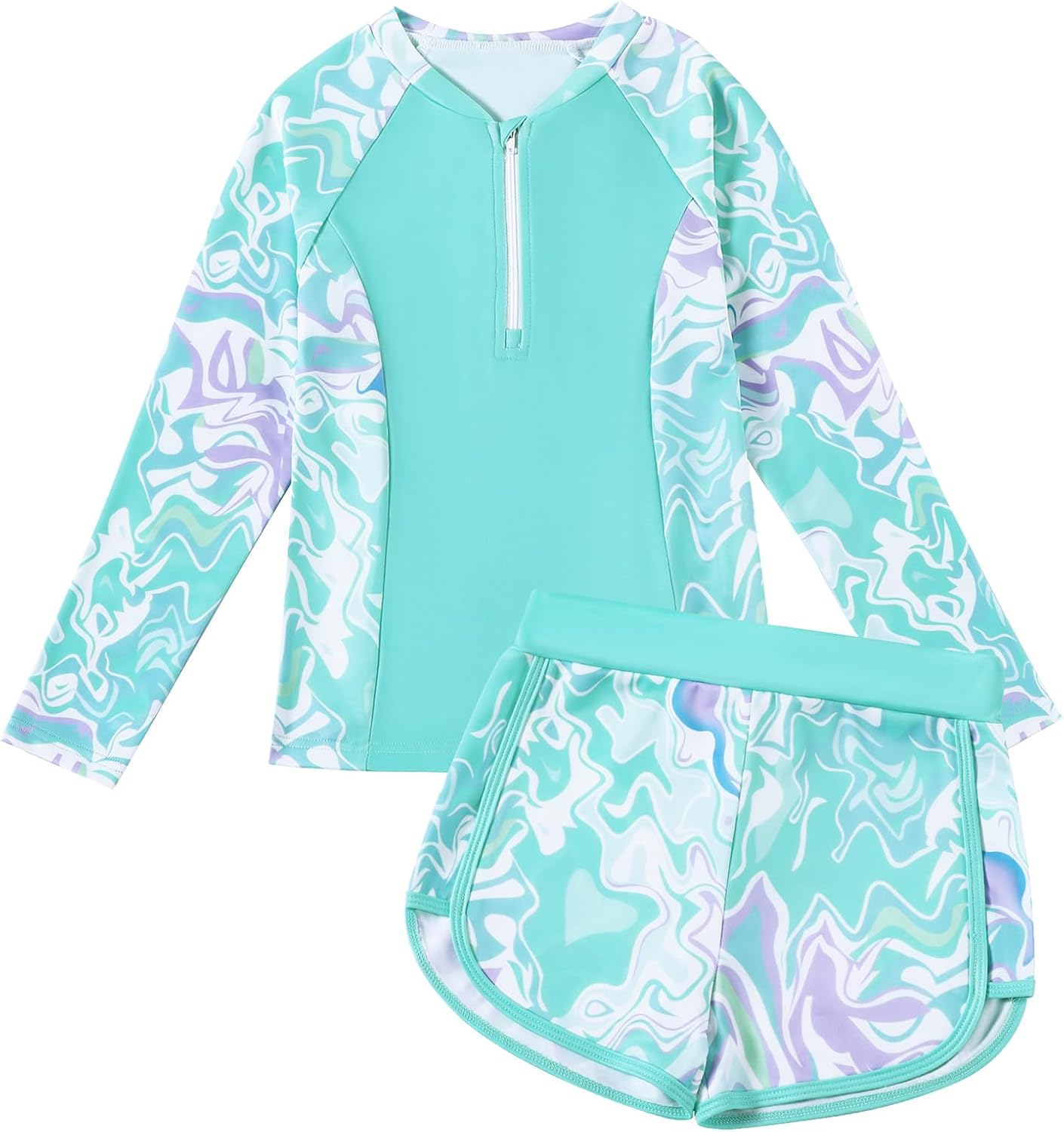 Toddler Girls Long Sleeve Swimsuits Girl Swimwear Little Girls Swimsuits 2 Pieces Toddler Rash Guard Swimsuit Print Light Blue 2-3T