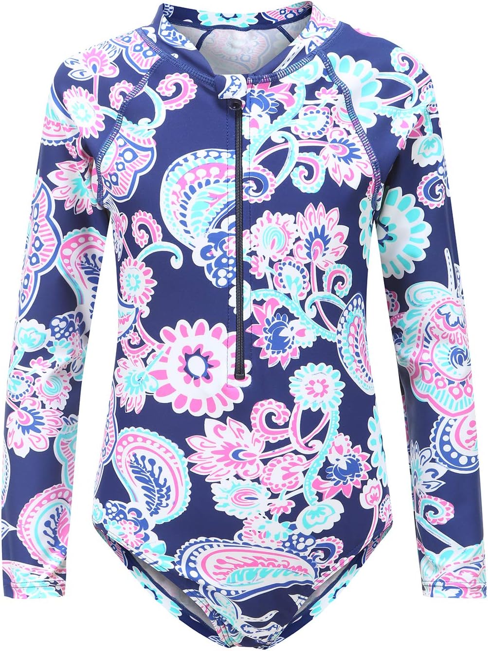 Girls Rash Guard Long Sleeve One Piece Swimsuits Stripes Zipper Bathing Suits UPF 50+/Sun Protection 7-8 Years Blue Flowers/Long Sleeve