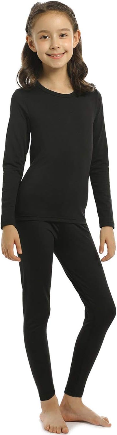 ViCherub Girls Thermal Underwear Set for Kids Long Johns Fleece Lined Base Layer Top & Bottom Cold Winter Thermals Medium Black