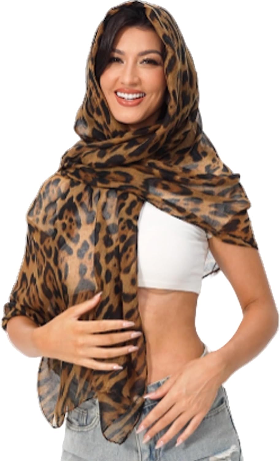 Leopard Print Shawls and Wraps for Womens Cheetah Hijab Scarf Voile Sheer Beach Scarves Sunscreen Head Shawl Dark Brown