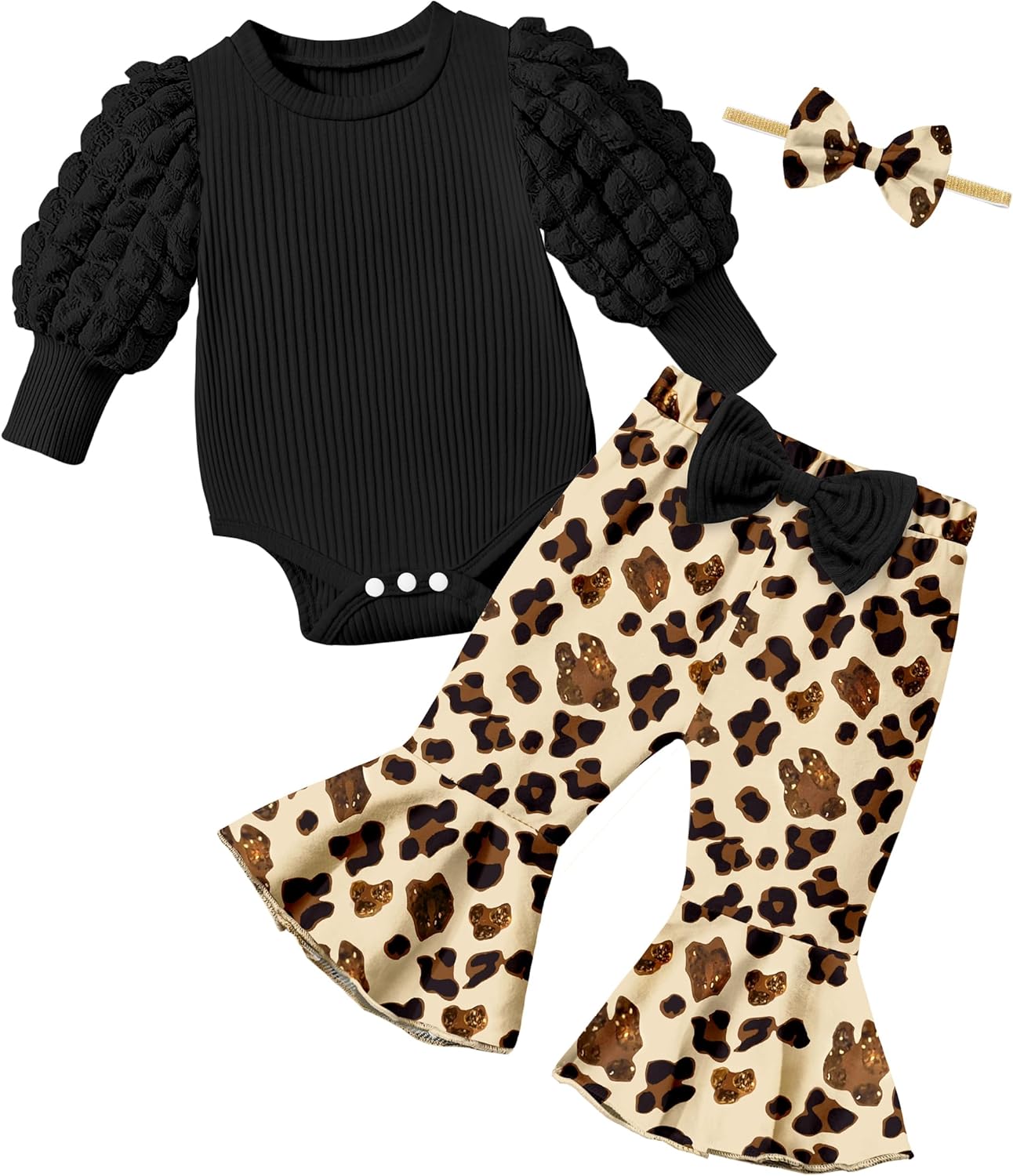 Baby Girl Clothes Long Sleeve Romper 3Pcs Baby Girl Outfits Flare Pants Set with Headband Fall Baby Girl Winter Clothes 0-3 Months Leopard Print Black