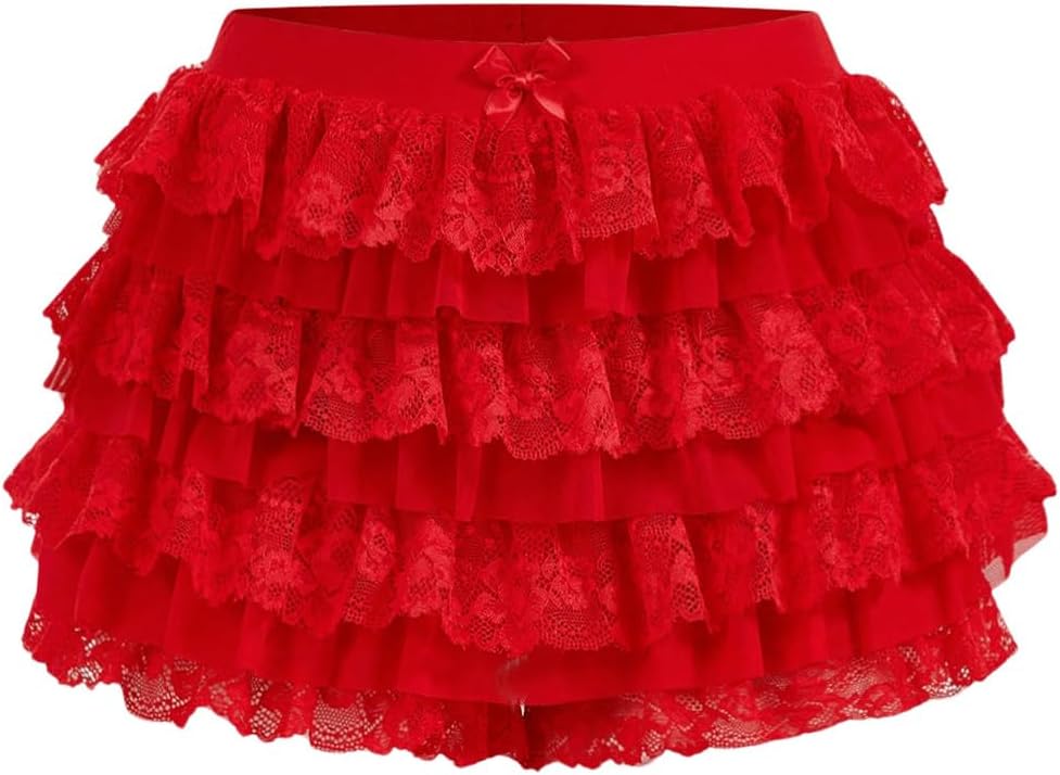 Women's Y2k Ruffle Shorts Lace Lolita Bloomers Elastic Waist Bow Front Shorts Micro Boyshorts Small Solid Red