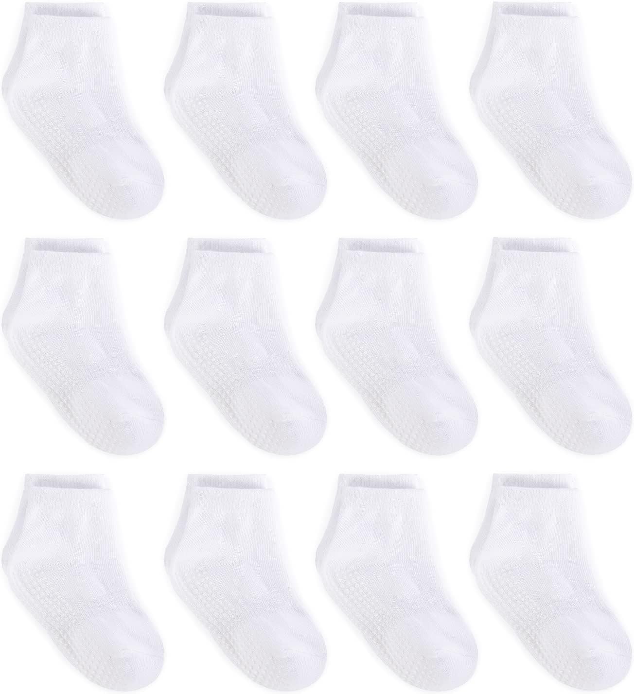 Baby Non Slip Grip Ankle Socks with Anti Skid Grippers Boys Girls Low Cut for Infants Toddlers Kids 1-3T White