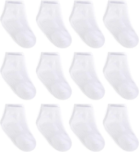 Baby Non Slip Grip Ankle Socks with Anti Skid Grippers Boys Girls Low Cut for Infants Toddlers Kids 1-3T White