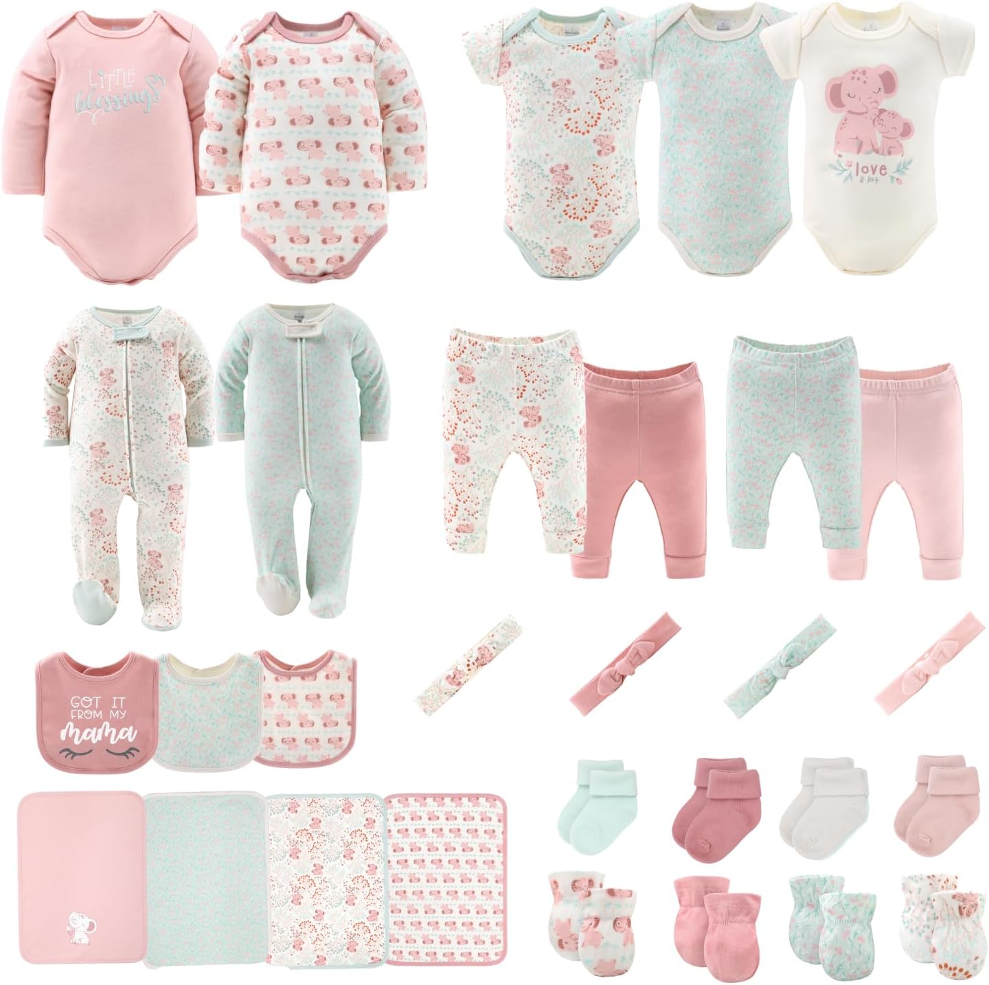Baby Layette Gift Set for Girls - 30 Piece New Born Girl Gift Set, Baby Clothes, 0-9 Months - Floral Elephant Newborn