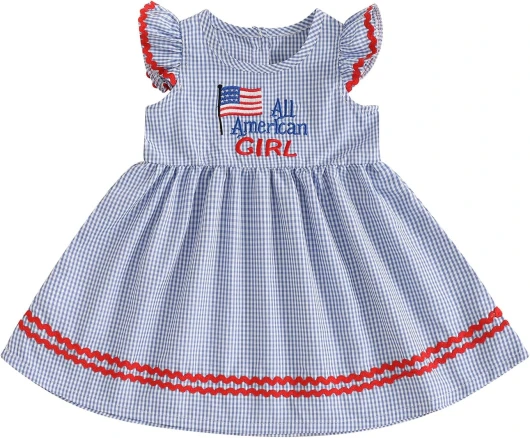 4th of July Baby Girl Outfits American Flag Plaid Flying Sleeve A-line Dress Toddler Fourth of July Baby Girl Outfit