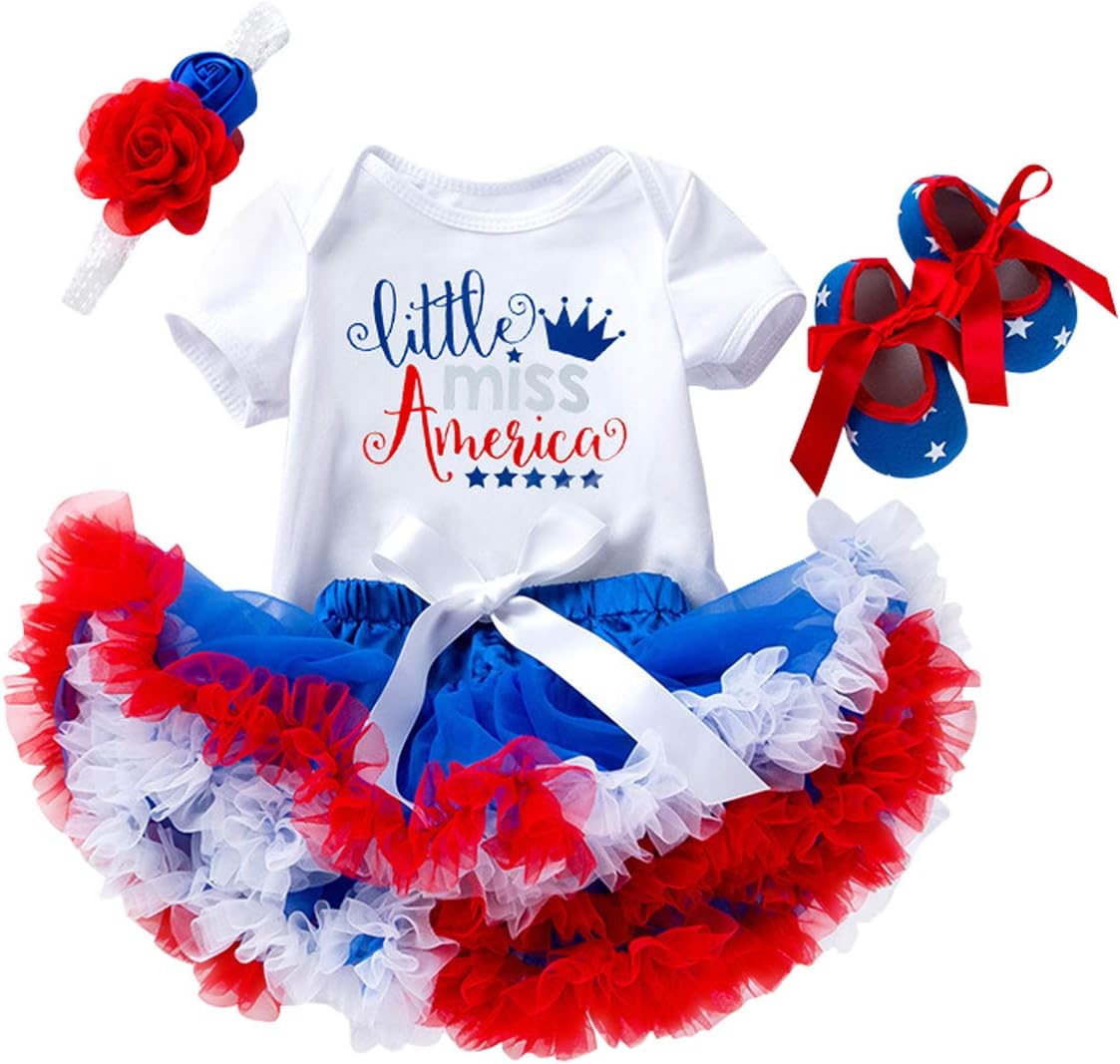 4th of July Baby Girl Birthday Outfit American Flag Romper+Ruffle Tulle Skirt+Headband+Shoes Independence Day 4pcs Set 3-6 Months White - Little Miss America