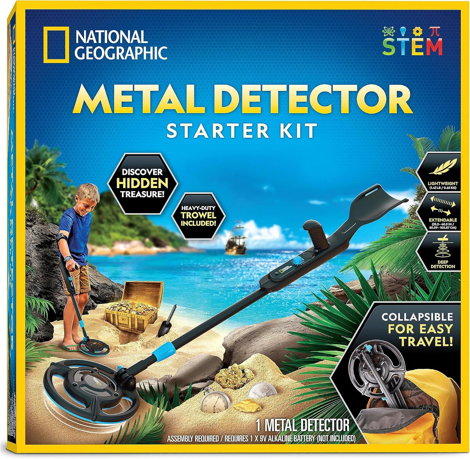 National Geographic Starter Metal Detector Kit for Kids - Kids Metal Detector with 7.4" Waterproof Coil & Trowel, Lightweight Gold Detector, Beach Detecting, Gift for Boys & Girls