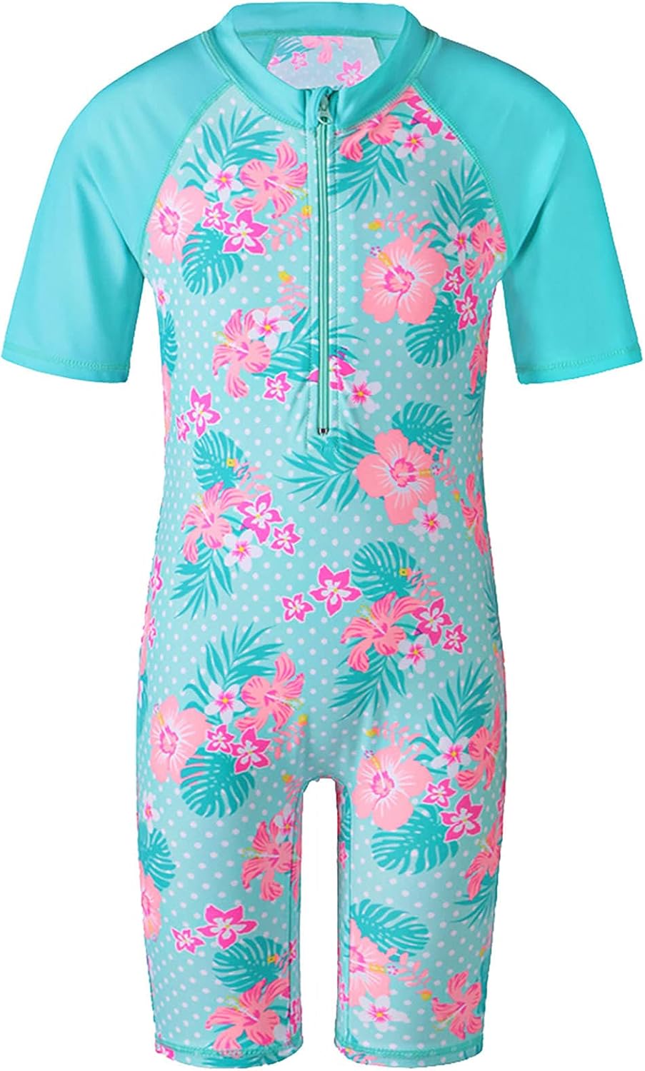 Short Sleeve Girls Swimsuits UV 50+ One Pieces Bathing Suits Zipper 2-14Y 6-8 Years Cyan