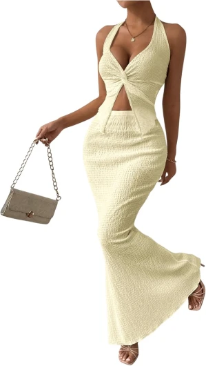 Women's Two Piece Outfits Twist Front Halter Cami Tops and Skirt Summer Set