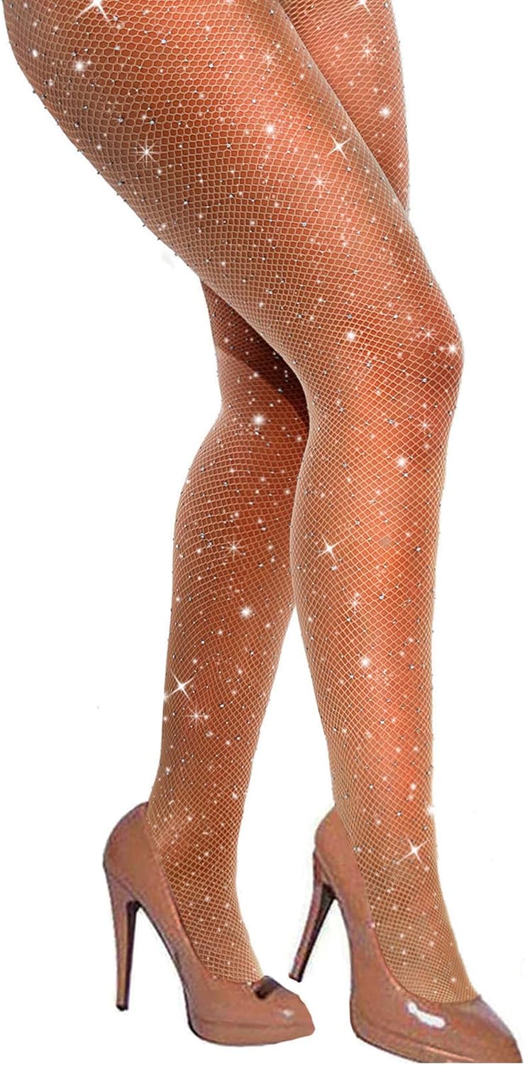 Sexy Sparkly Fishnets Stockings Jeweled High Waist Fishnet Tights for Women Rhinestone Party Pantyhose One Size Nude