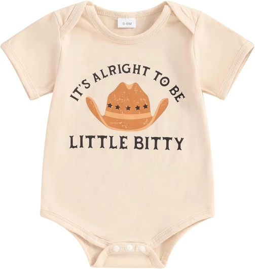 Newborn Baby Short Sleeve Western Romper Birthday Outfits Summer Casual Round Neck Cowboy Hat Print Bodysuit Apricot 0-3 Months
