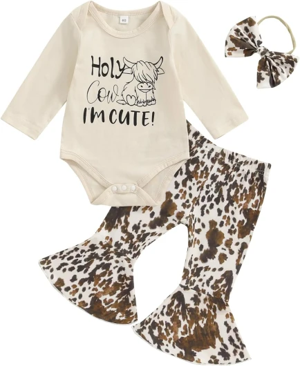 Western Baby Girl Fall Clothes Holy Cow I'm Cute Romper Bell Bottoms Flare Pants Set 3Pcs Infant Cowgirl Outfit 0-3 Months Ivory