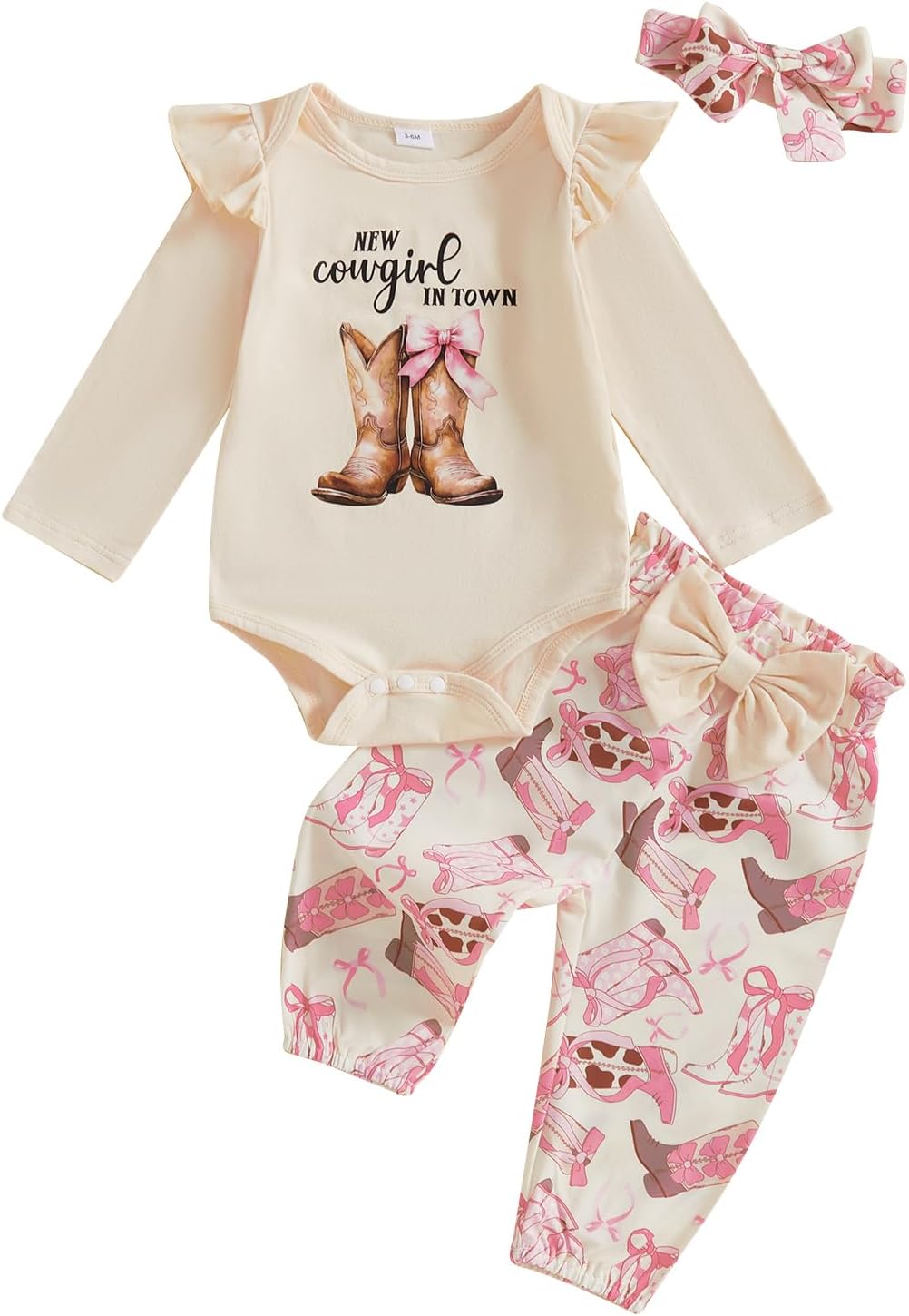 Western Newborn Baby Girl Clothes Long Sleeve Letter Print Romper Animal Print Pants Headband 3Pcs Outfits Sets A Beige 3-6 Months