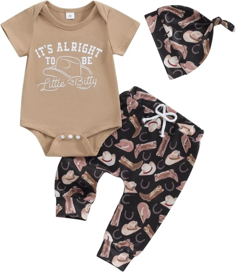 Baby Boy Western Clothes Cowboy Letter Short Sleeve Romper Cowboy Boots Hat Pattern Pant Newborn 3Pcs Country Outfit 0-3 Months Khaki