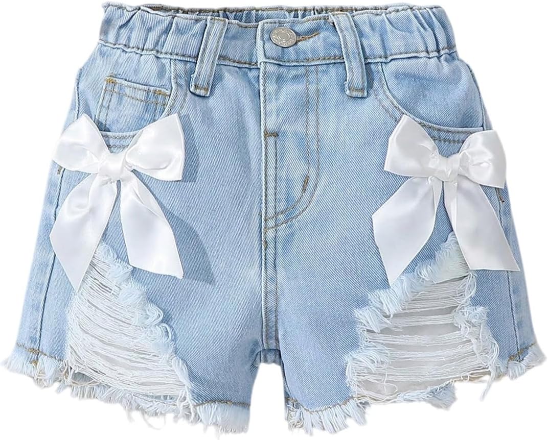 Toddler Girl's Jeans Shorts Cute Coquette Bowknot Ripped Distressed Denim Shorts 5T Light Wash