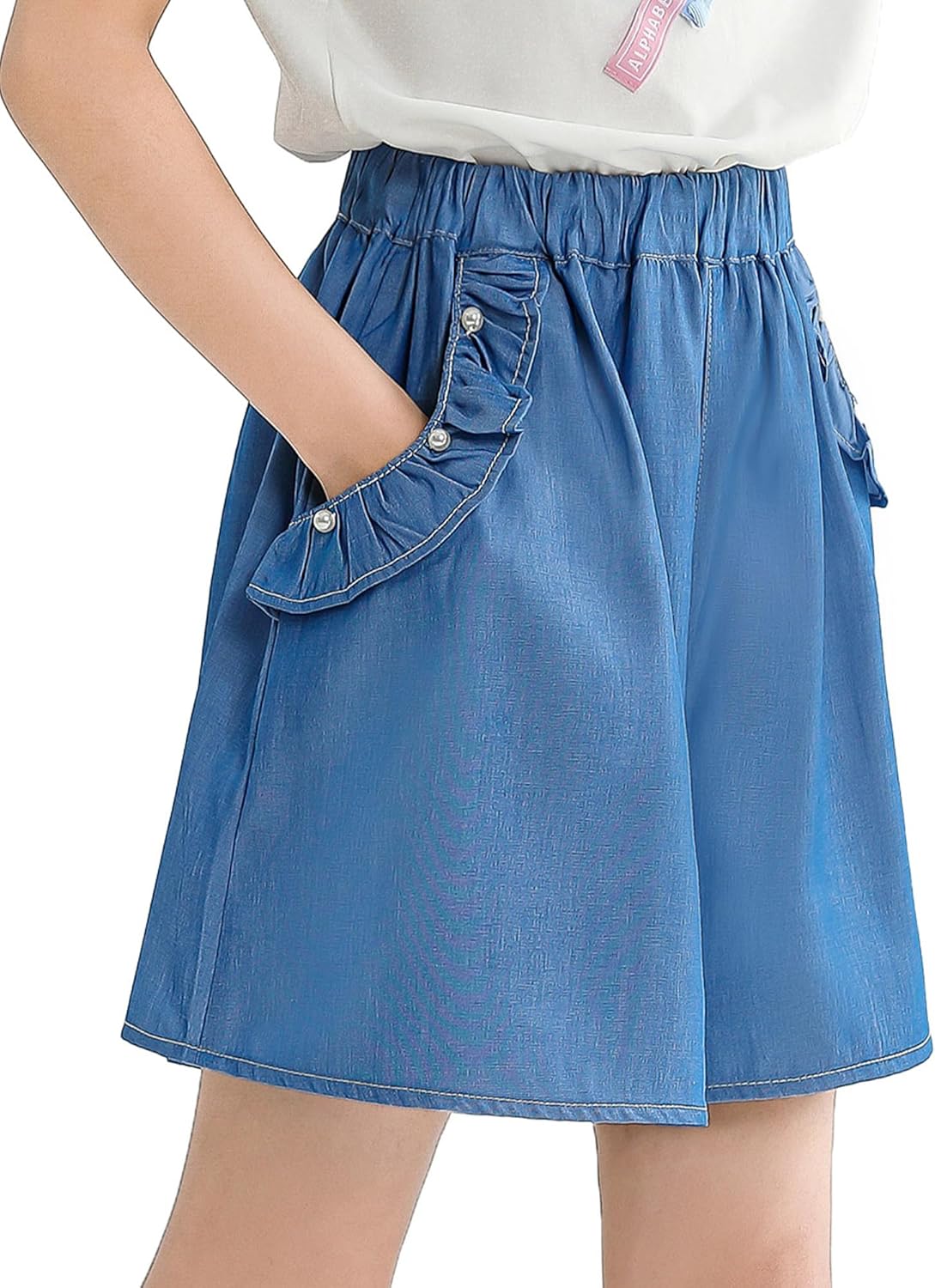 Girls Bermuda Shorts Cotton High Waisted Shorts Big Kids Cute Wide Leg Uniform Short Pants with Pockets 5-16Y Denim Blue 9-10 Years