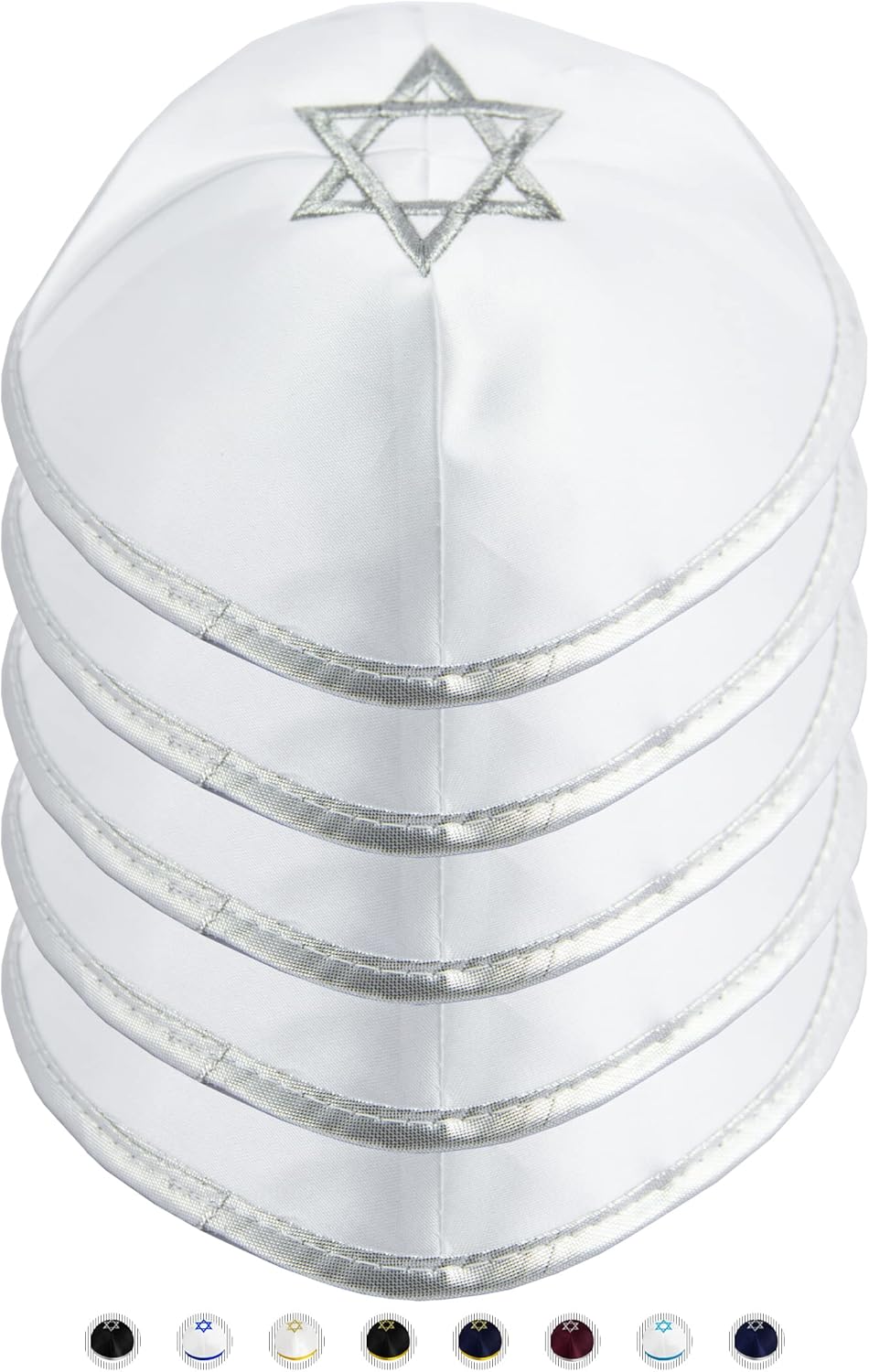 Pack of 5-Pcs Hq 20cm Satin/Velvet Kippah with Silver/Gold String+Star of David for Men & Boys, Israel Kippot Bulk White Silver Satin