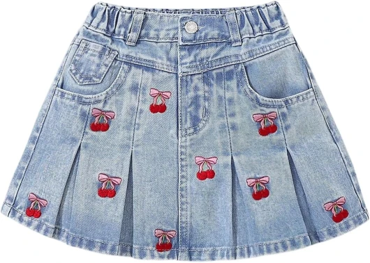 Girl's Bow Cherry Embroidered Mini Denim Skirt Y2k Pleated A Line QUTE Jean Skirts with Pocket 8 Years Light Wash