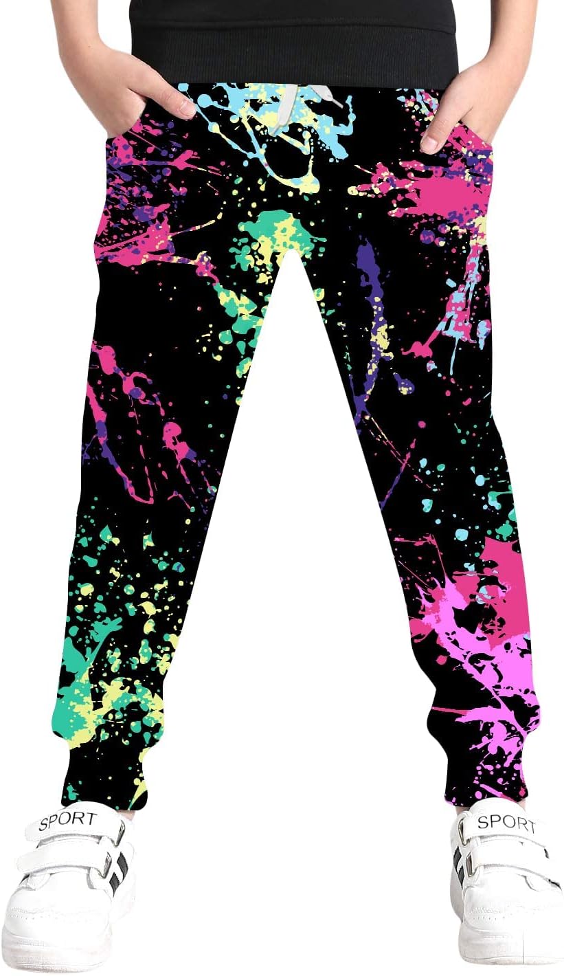 6-16T Boys Pants Girls Funny Joggers Sports Sweatpants with Drawstring 06 Yellow-black-red 14-16 Years