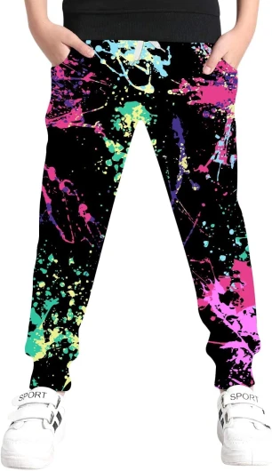 6-16T Boys Pants Girls Funny Joggers Sports Sweatpants with Drawstring 06 Yellow-black-red 14-16 Years