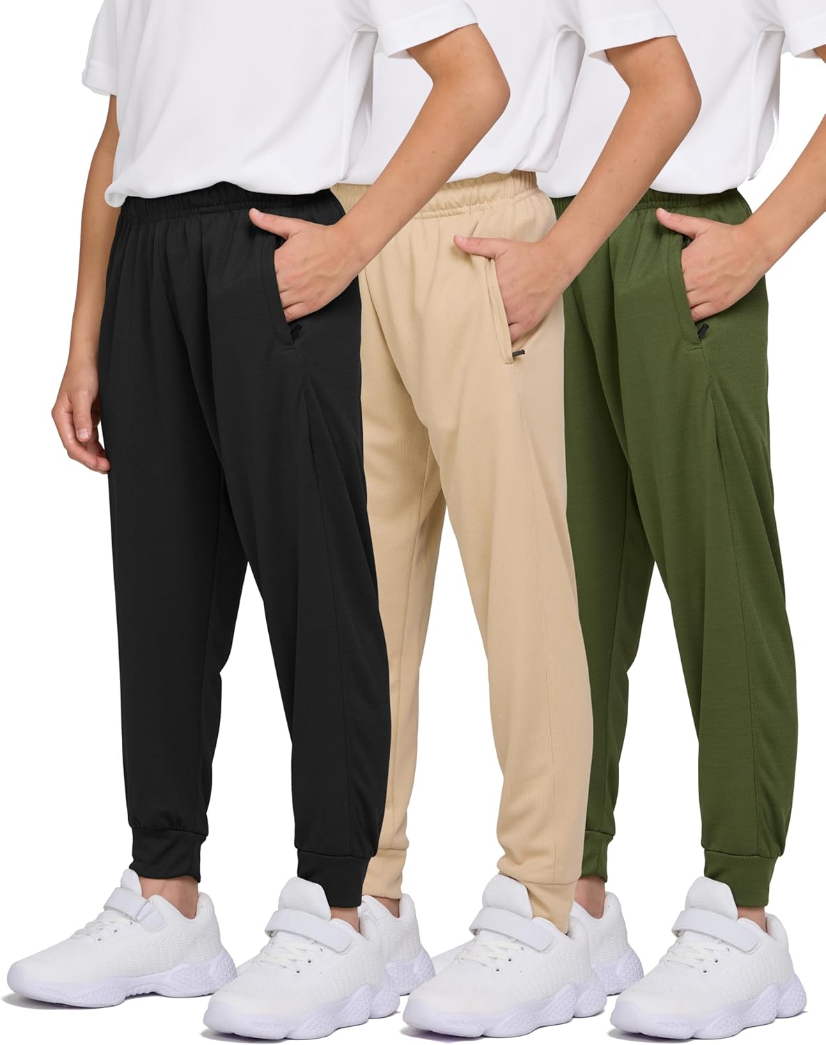 3 Pack Boys Sweatpants Mesh Lightweight Kids Clothes with Zipper Pockets Active Quick-Dry Boys Pants Sizes 4-20 Medium Set4