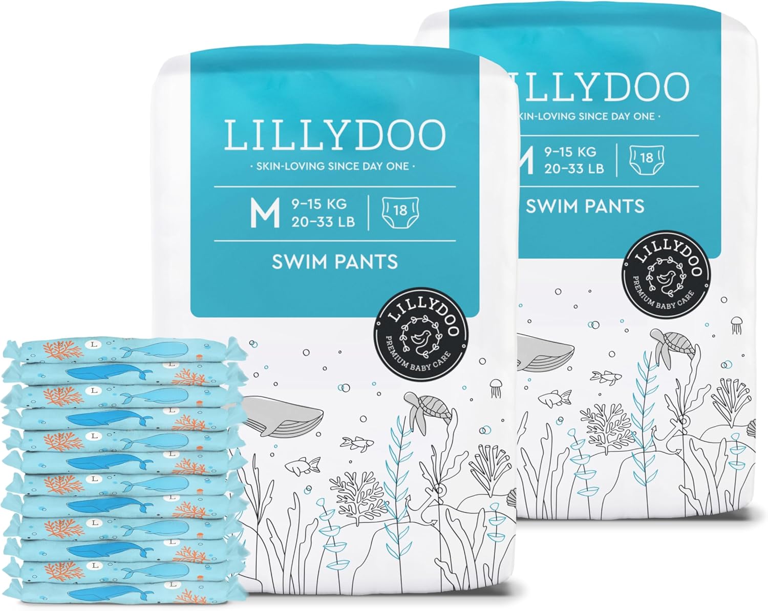 Baby Swim Diapers - Size Medium (20-33 lbs), Half-Monthly Supply (36 Count), Blue Whales Design, Skin-Friendly, Perfume- & Chlorine-Free, Hypoallergenic, Dermatologist Tested, Oeko-TEX®