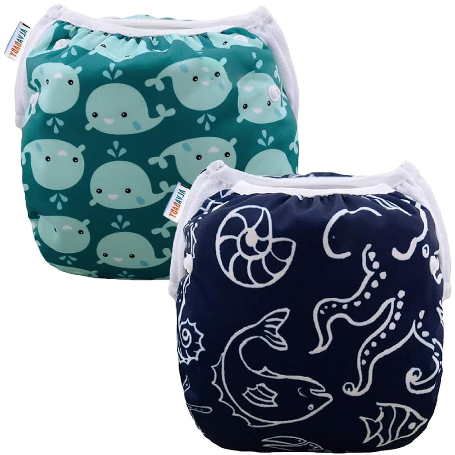 BABY Swim Diapers 2pcs Baby & Toddler Snap One Size Reusable Adjustable Baby Boys' Swim Diapers for Swimming Lessons SW18-21 01marine Animal Small Small