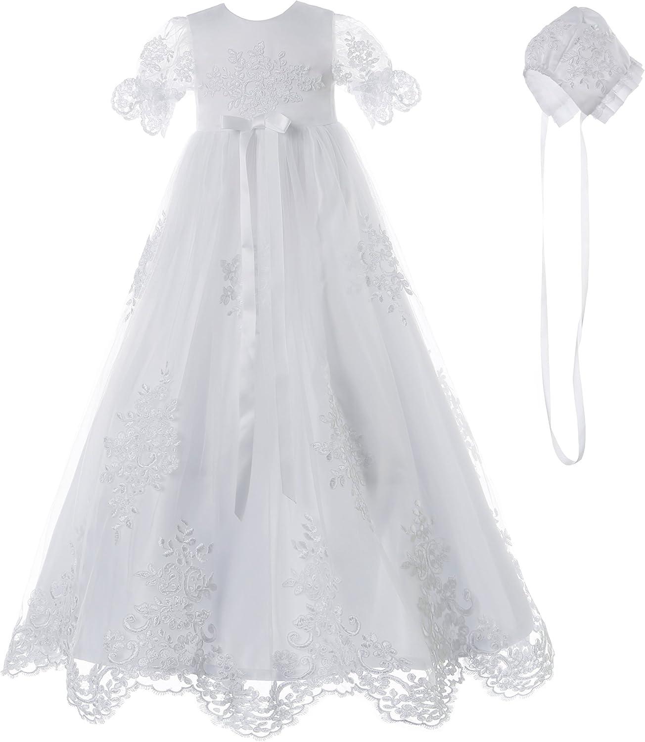 Baby Girls Baptism Delicate Embroideried Gown with Bonnet for 0-15 Months 0-3 Months White