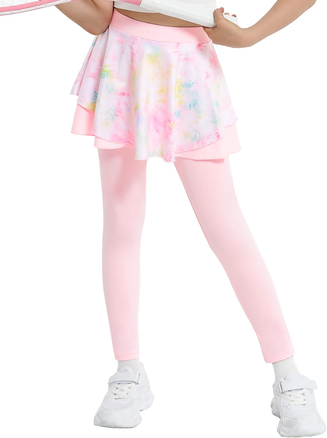 2 in 1 Girls Leggings with Skirt High Waisted Tennis Athletic Flowy Skort Legging for Kids Pink 9-10 Years