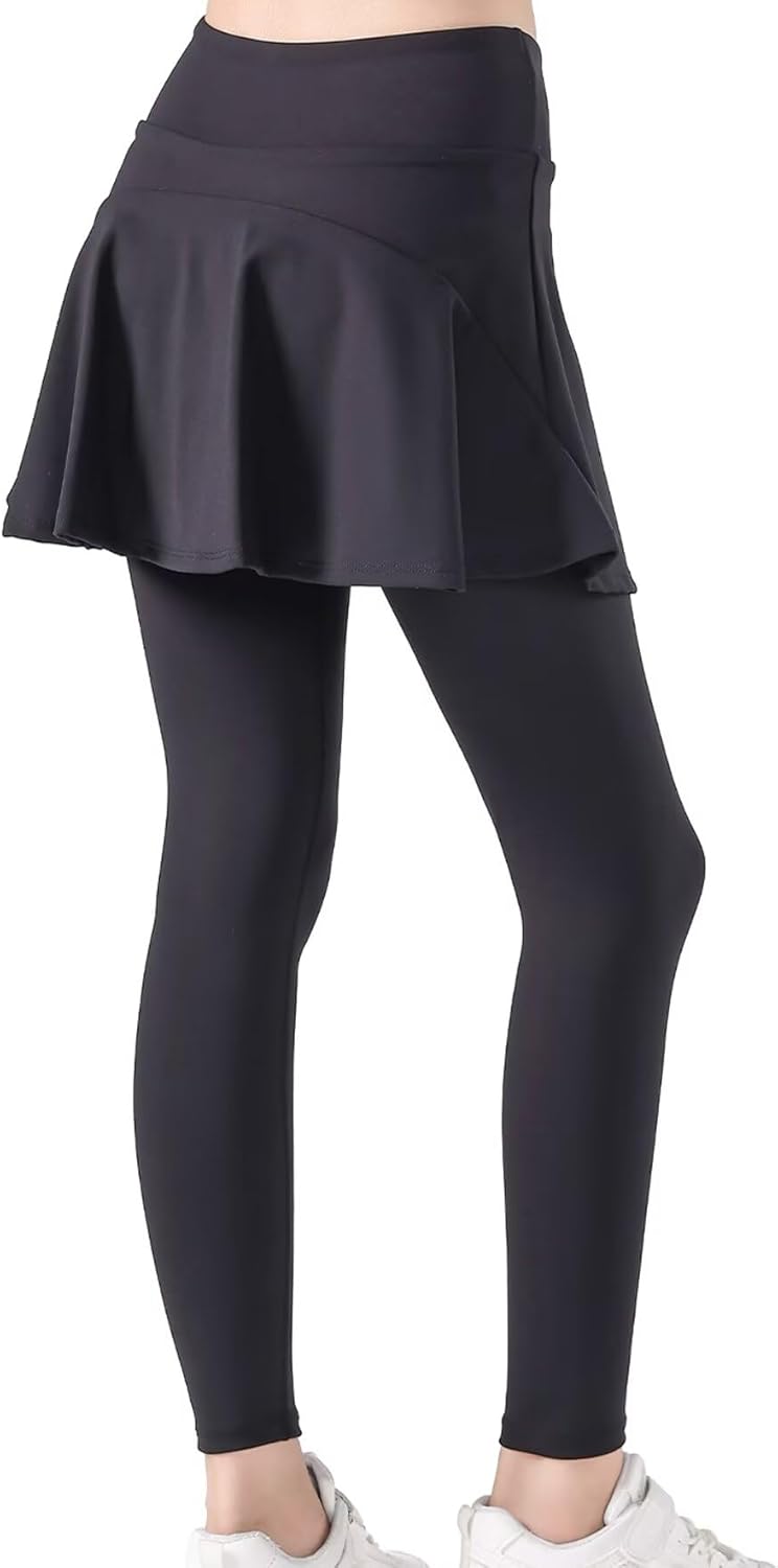 2 in 1 Girls Leggings with Skirt High Waisted Tennis Athletic Flowy Skirted Legging with Pockets for Kid Black 8-9 Years