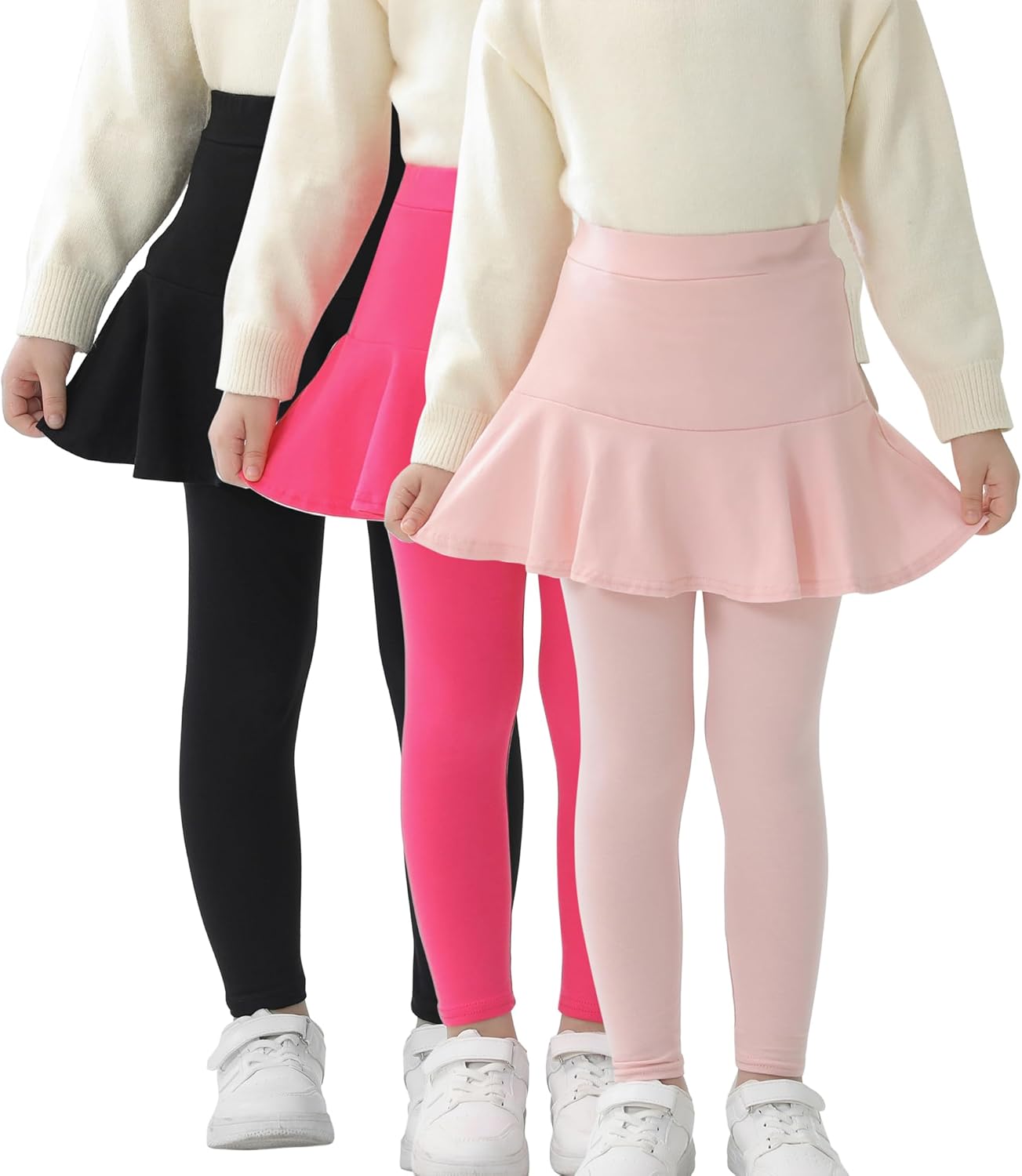 Trendy Girls' Leggings with Skirt - 2 Pack of Cotton Ruffle Skirt Pants for Kids for 3-8 Years 3T Black+pink+rose