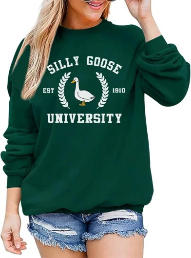 Funny Goose Graphic Sweatshirt For Women Cute Printed Crewneck Sweater Pullover With Sayings Long Sleeve T Shirts Green Large