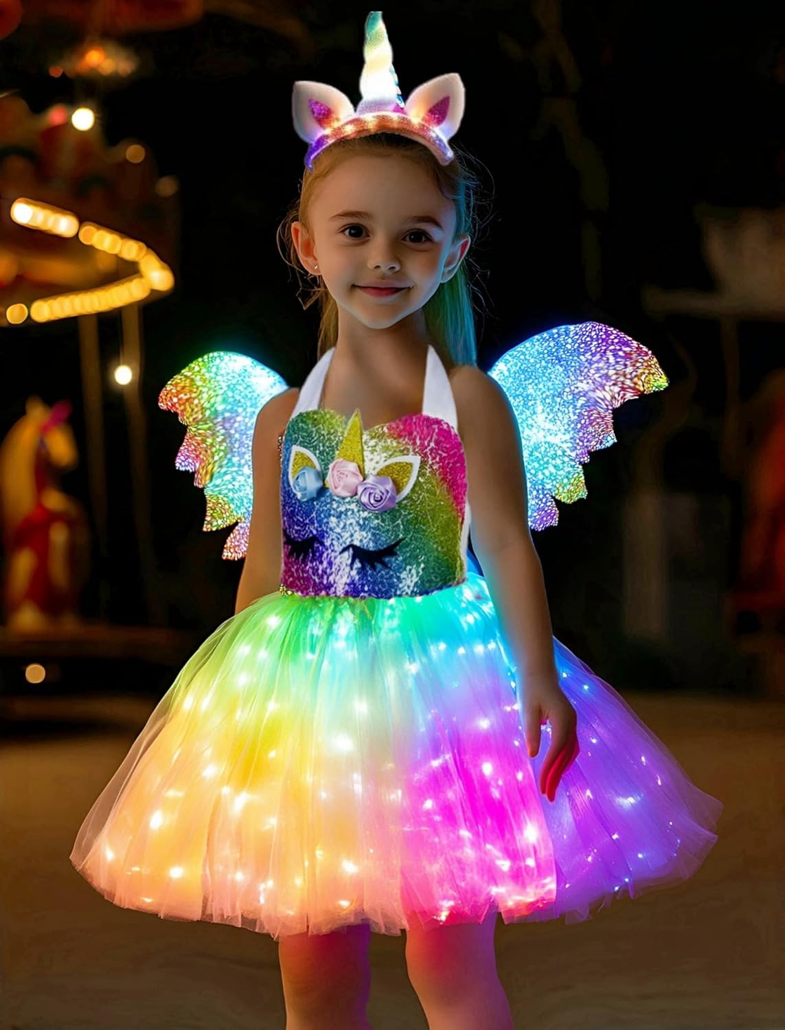 Girls Unicorn Costume, Rainbow Unicorn Dress, LED Light Up Unicorn Tutu with Wing for Halloween Birthday Gift Deep Rainbow+wing 5-6Y