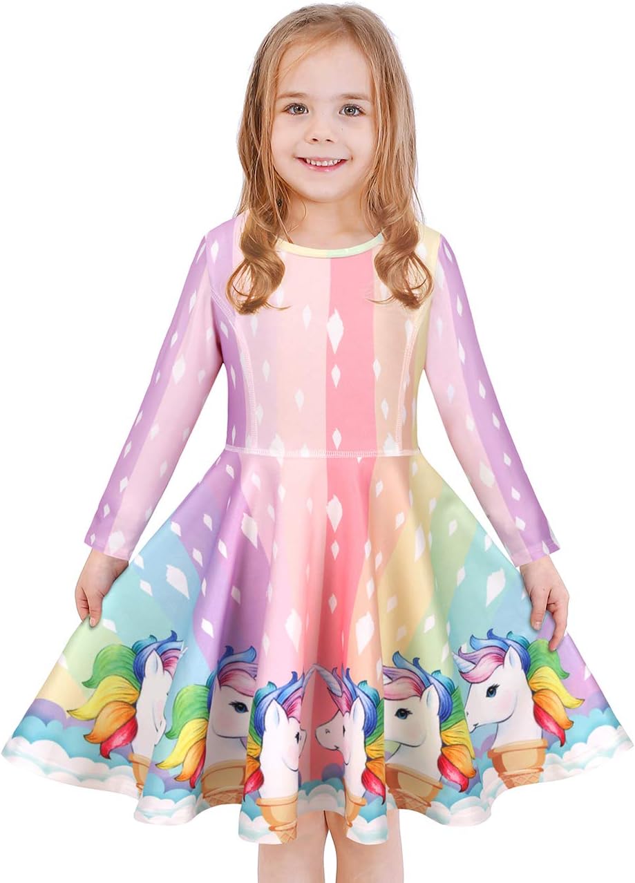 Girls Dress Sleeveless Long Sleeve Kids Toddler Little Big Girl Unicorn Mermaid Casual Dresses 5-6 Years Icecream Unicorn Fall