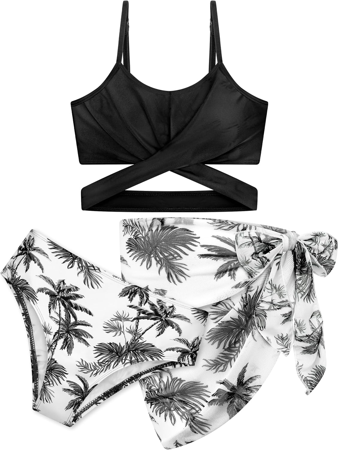 3 Pieces Girls Swimsuits Bikini Set Tropical Print Bikini Set Criss Cross Bathing Suit with Cover Up Skirt for Kids 13-14 Years Black Palm Tree