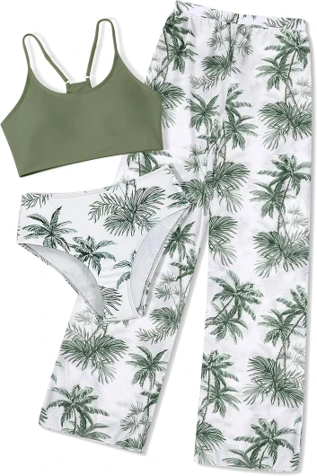 Girls Swimsuit, 3 Piece Bikini Bathing Suit Tropical Floral Swimwear with Cover Up Pants 7-16Y Green 11-12 Years