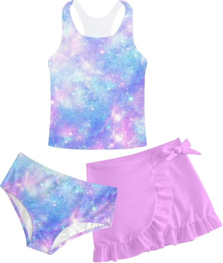 Girls Swimsuits 3 Piece Tankini Bathing Suit Set Cute Bikini Swimwear with Cover Ups Beach Skirt 5-16 Years 6-7 Years A-galaxy