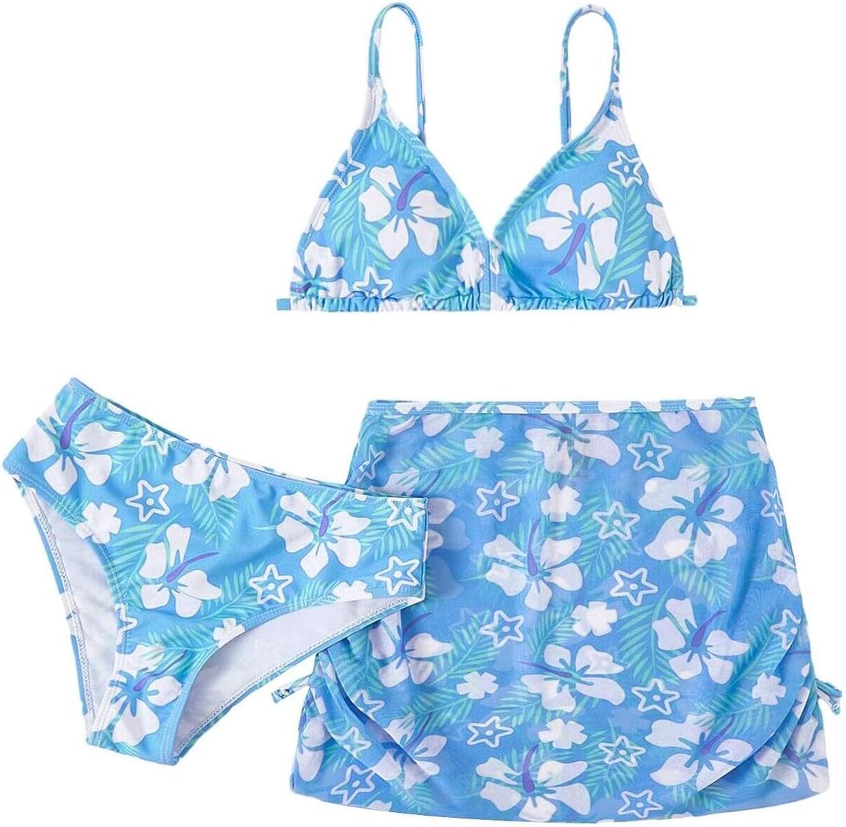 COZYEASE Girls' 3 Piece Set Floral Print Bikini Swimsuit with Drawstring Beach Skirt Cute Ruched Bathing Suit 14 Years Multicolor Blue