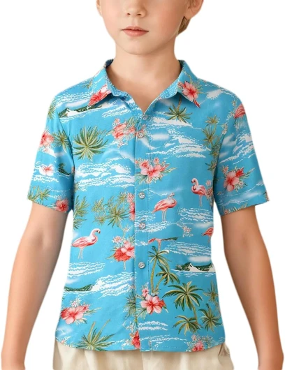 Big Boys Hawaiian Shirt, Kids Hawaiian Shirt, Flamingos Shirt Short Sleeve Luau Shirt for Kids X-Large Blue