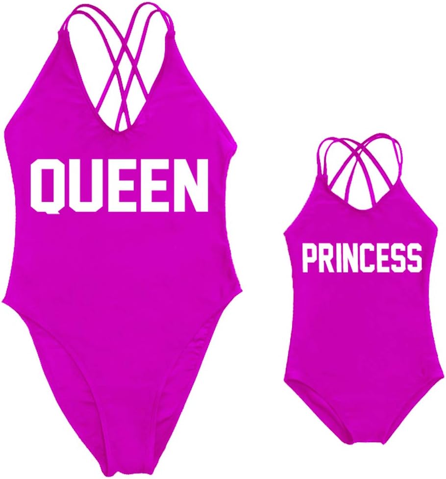 Mommy and Me Matching Family Swimwear Queen & PRINNCESS One Piece Mother Daughter Girl Swimsuits Cross Back Beachwear Large Purple